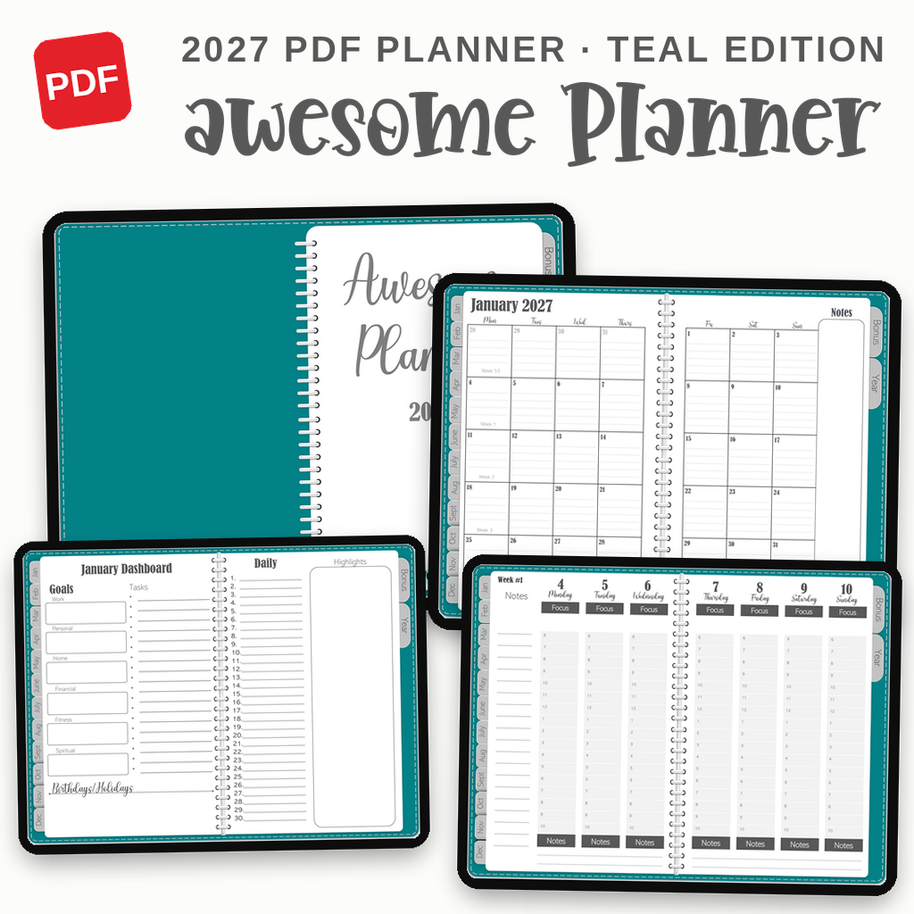 Awesome Planner 2027 Teal Edition shown on tablets