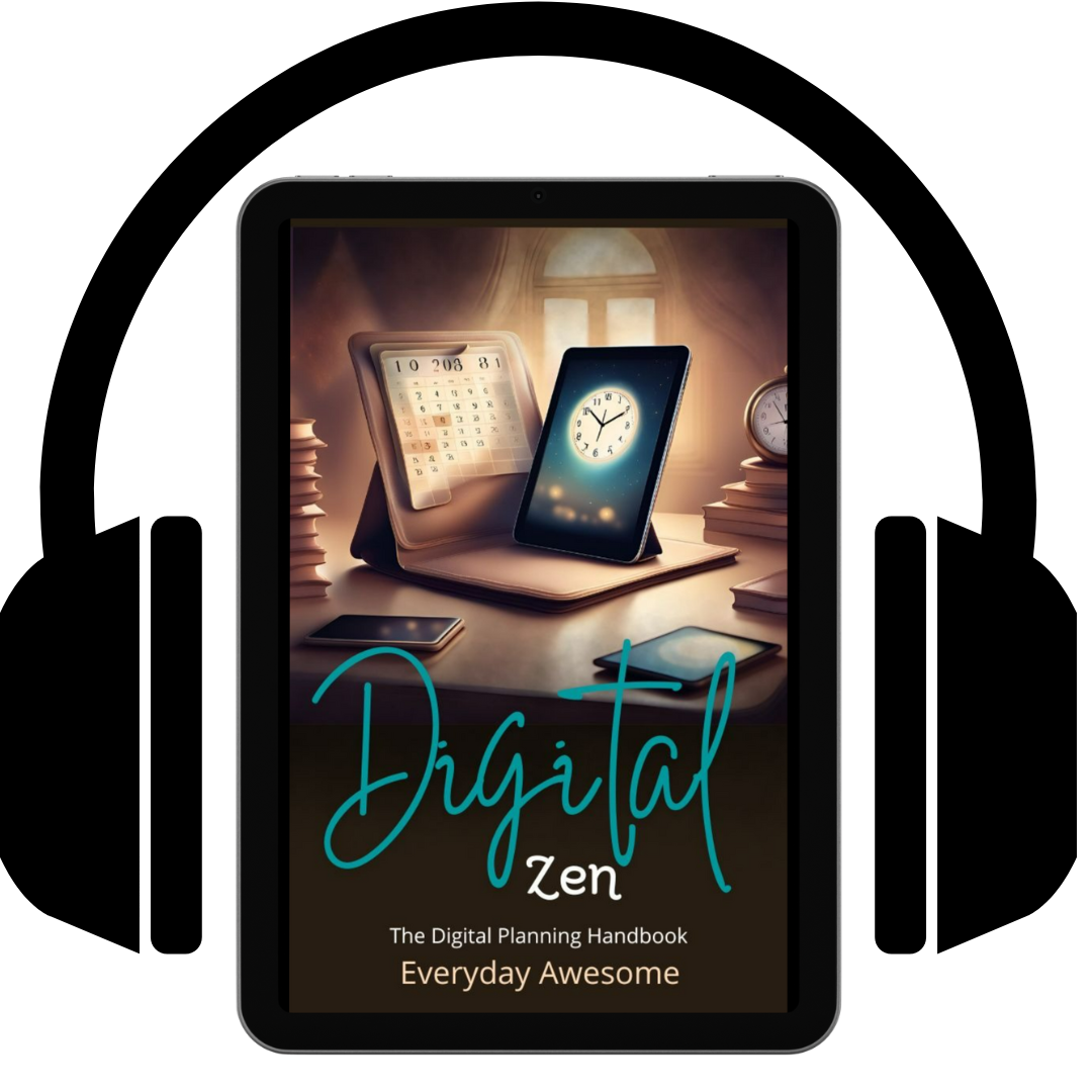 Digital Zen audiobook cover shown on a tablet inside headphones