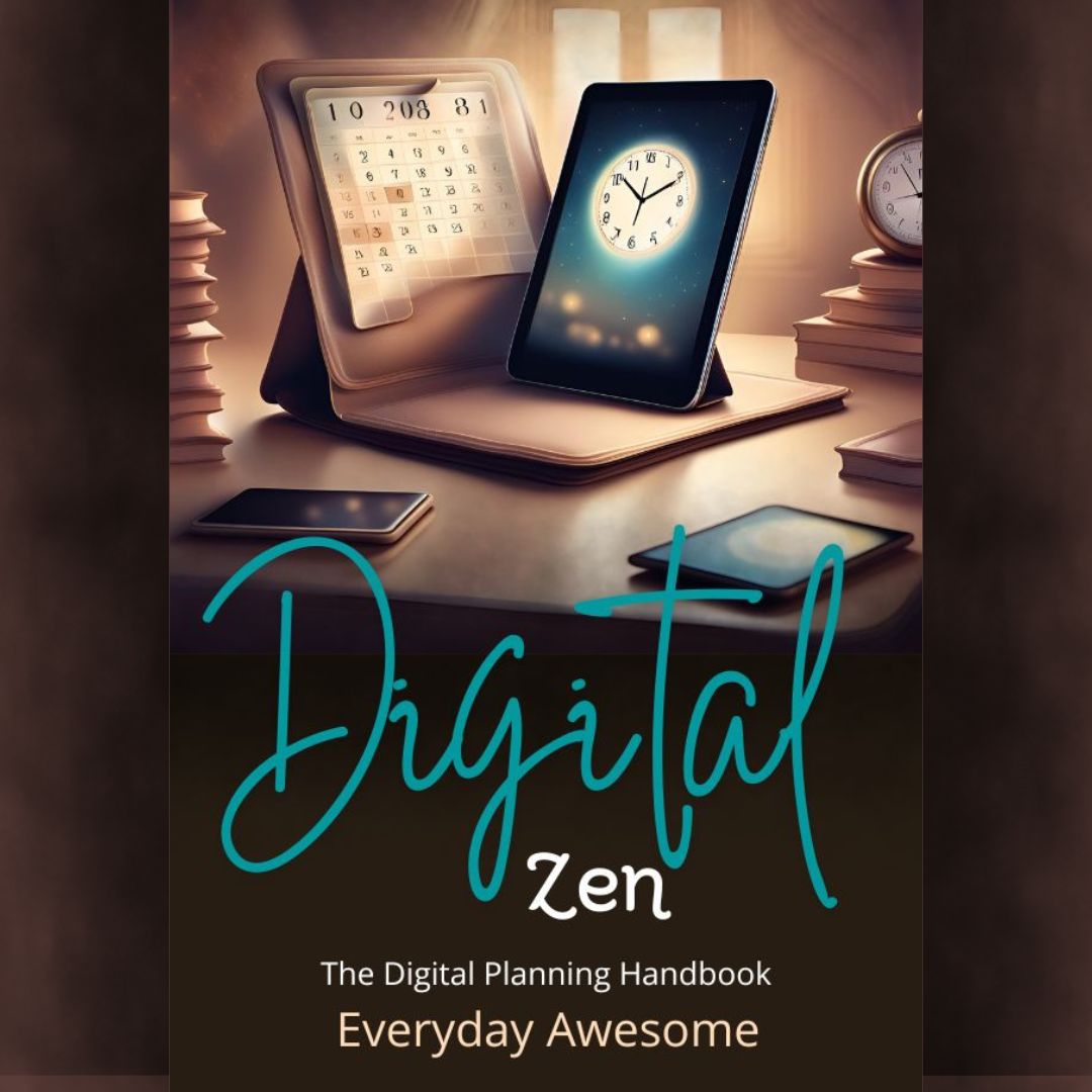 Digital Zen audiobook cover featuring tablets, calendars, and clocks