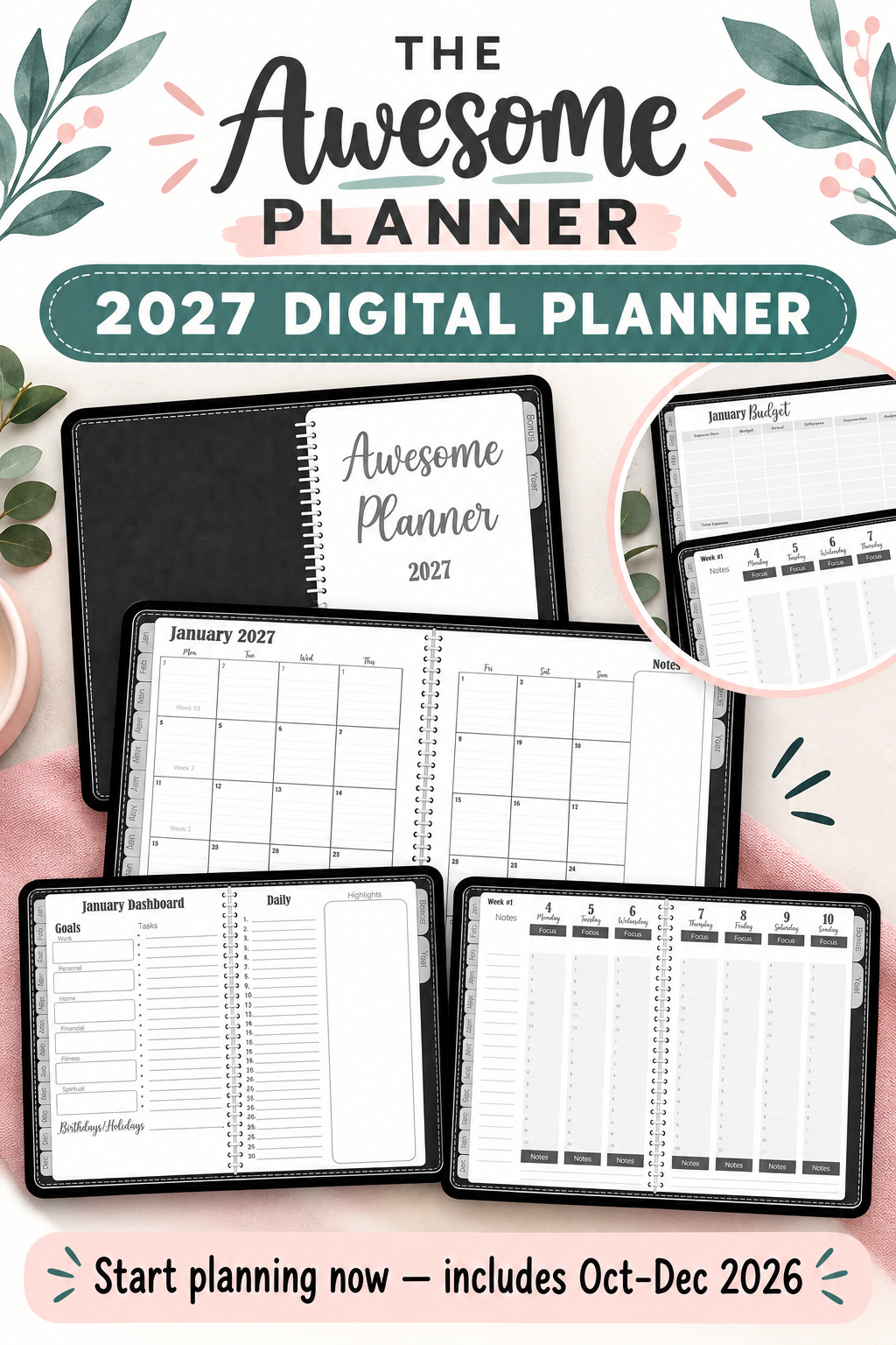 Pinterest pin for The Awesome Planner 2027 Digital Planner, showing black digital planner pages and the message Start planning now — includes October through December 2026