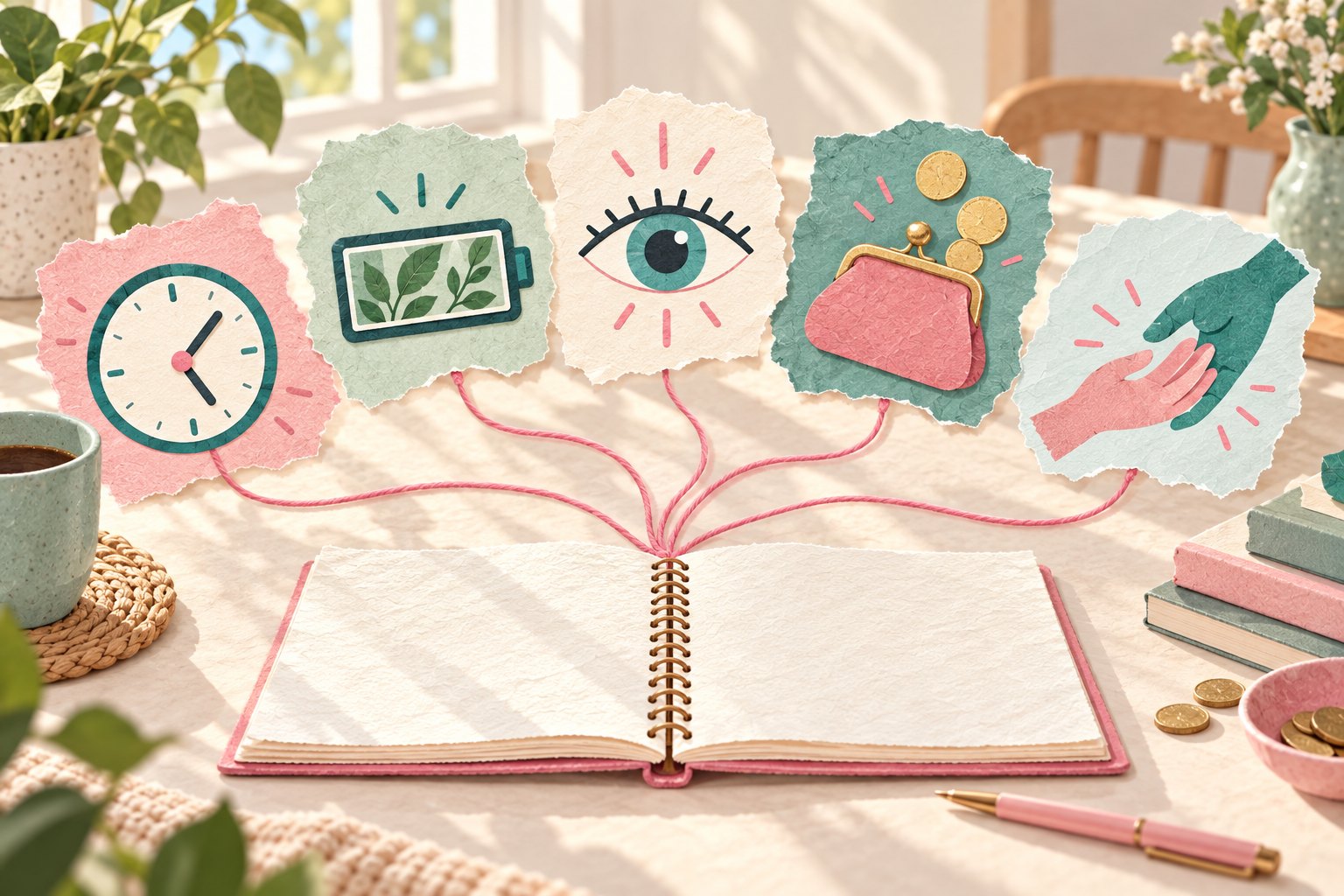 Five paper-cut symbols represent time, energy, attention, money, and support beside an open notebook.