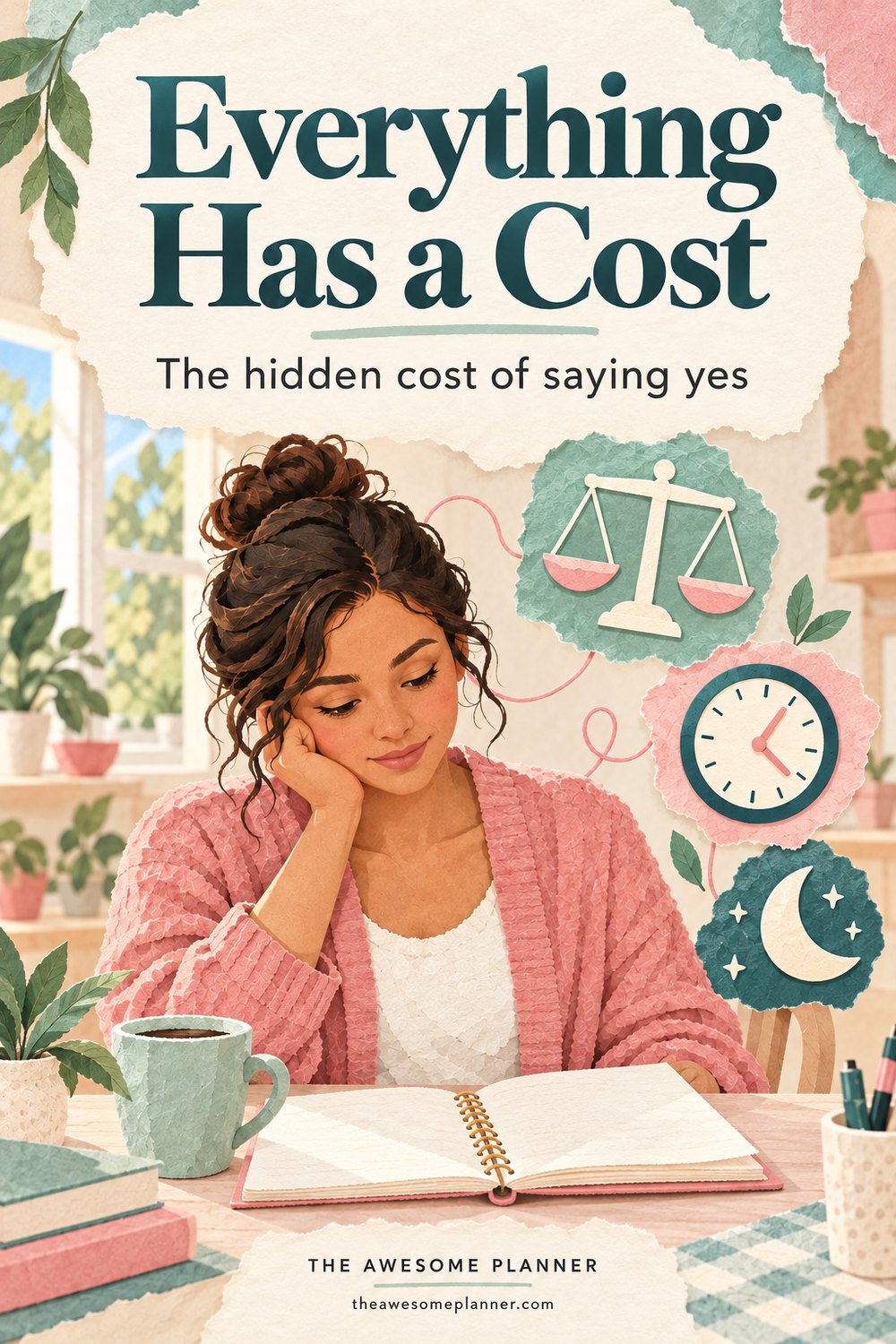 Everything Has a Cost: The hidden cost of saying yes, illustrated with a woman, planner, clock, and balance scale.