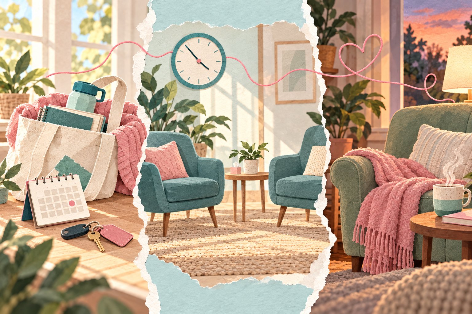 Paper-collage scenes show preparation, an appointment, and a quiet chair for recovery afterward.