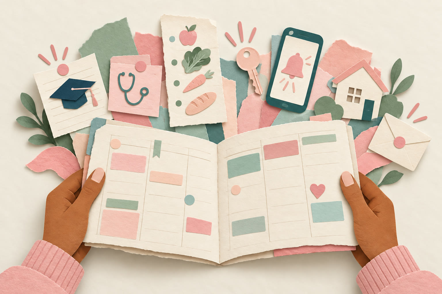 Hands holding an open planner surrounded by paper-cut symbols for appointments, health needs, groceries, a home, mail, and reminders