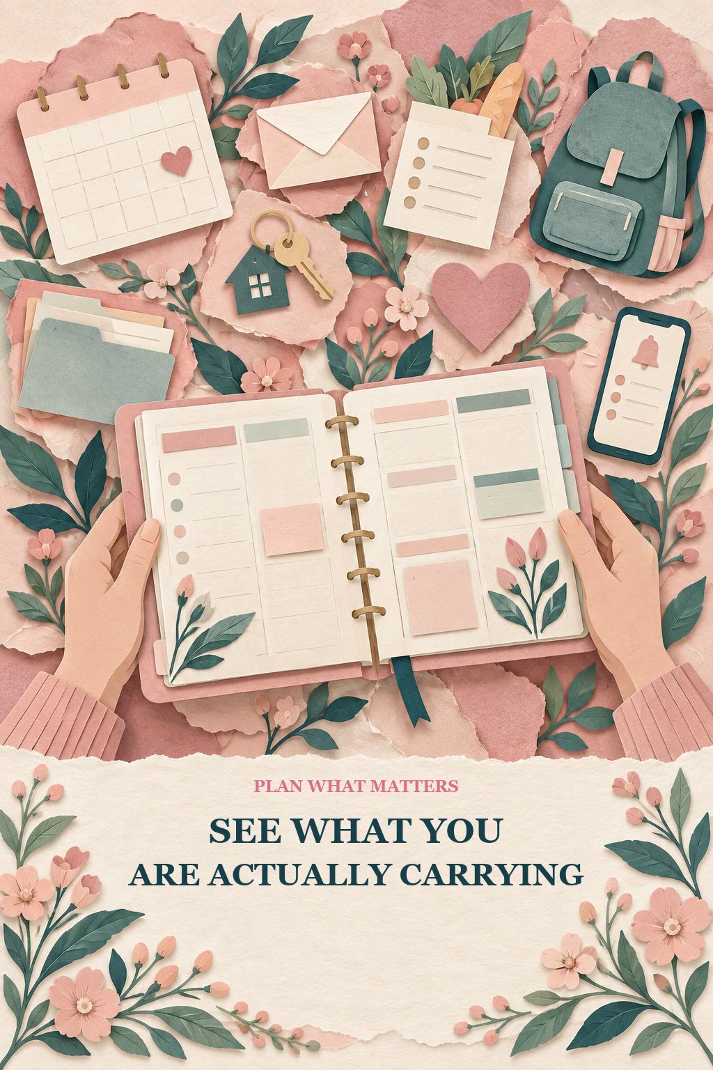 Pinterest graphic for the Plan What Matters article See What You're Actually Carrying, showing a woman journaling beside paper-cut symbols for invisible responsibilities