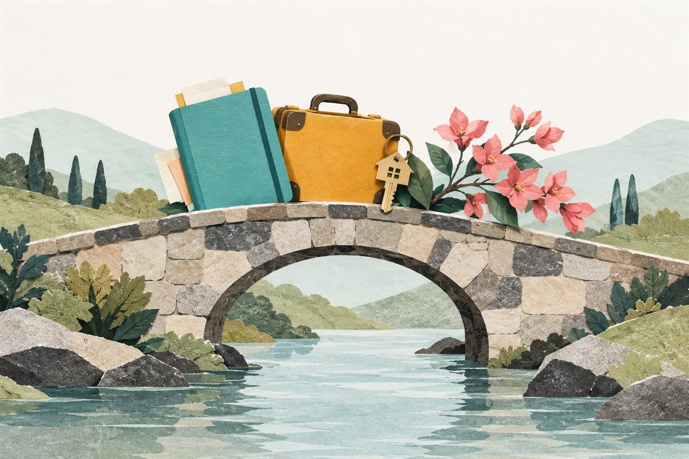 Cut-paper illustration of a small stone bridge carrying a planner, suitcase, house key, and flowering branch