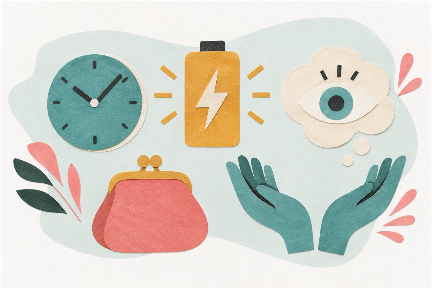 Cut-paper illustration of time, energy, attention, money, and support as the five resources that make up capacity