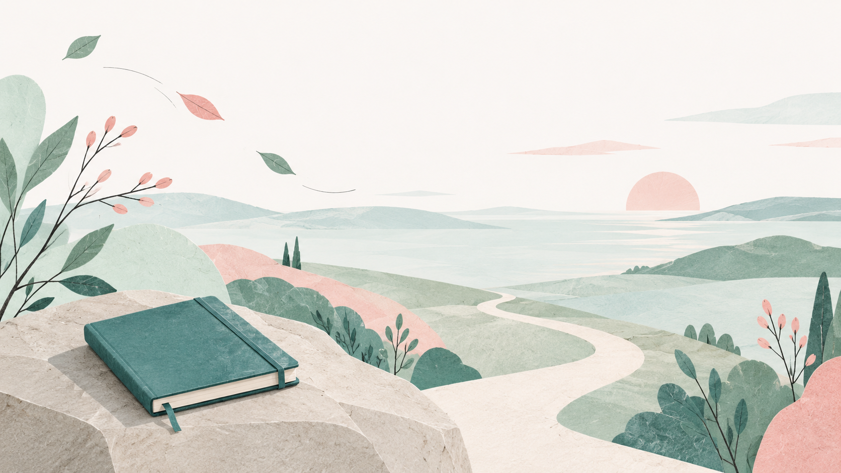 Illustrated peaceful landscape with a winding path and a teal planner