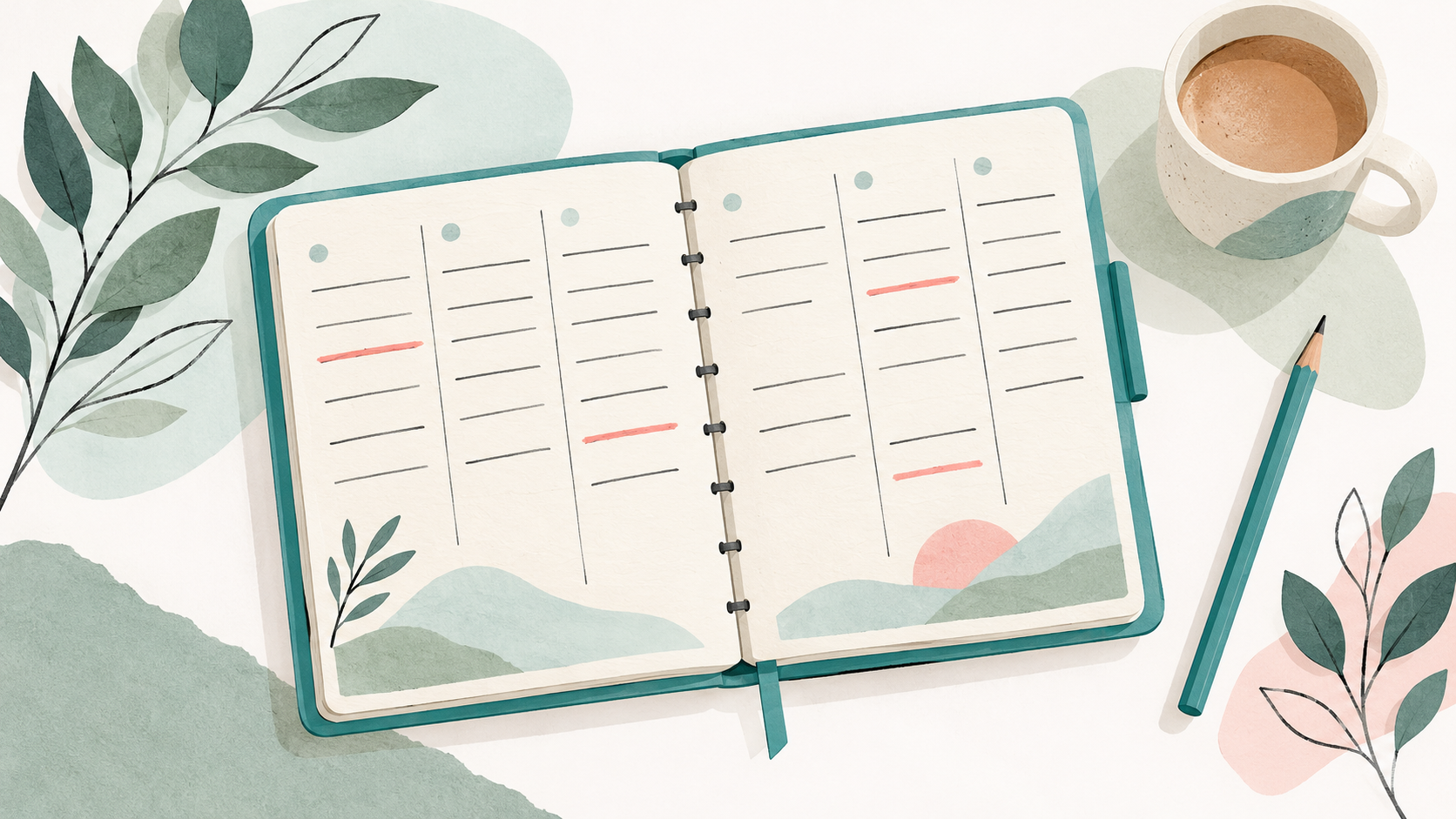 Illustrated weekly planner with a few tasks crossed out, a teal pencil, and leaves